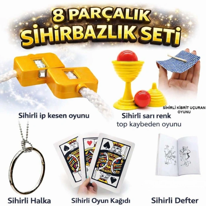 8’li Sihirbazlık Seti (Kibrit, Defter, Halka, Kupa, İp, 3’lü Kart) (4887)