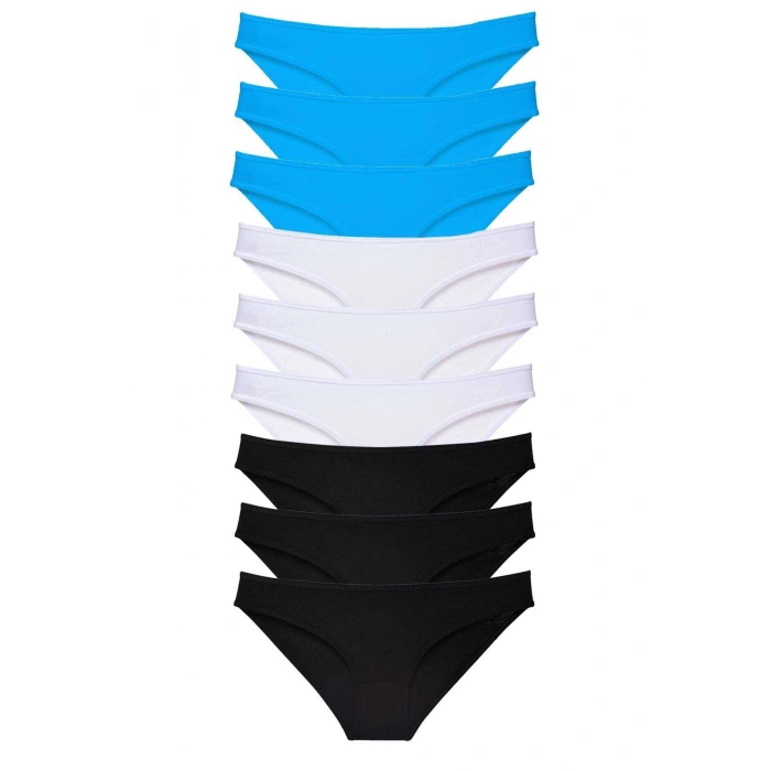 9 adet Süper Eko Set Likralı Kadın Slip Külot Siyah Beyaz Mavi