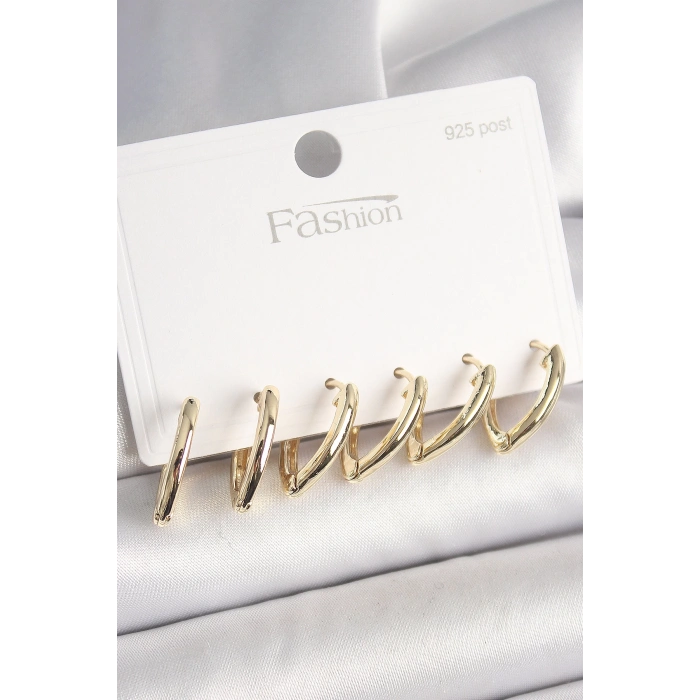 925 Ayar Gümüş Çivi Pirinç Gold Renk Üçgen Model Kadın Küpe Seti - TJ-BKP10415