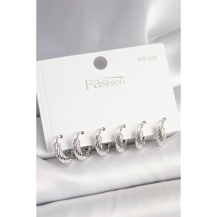 925 Ayar Gümüş Çivi Pirinç Gümüş Renk İşlemeli Halka Model Kadın Küpe Seti - TJ-BKP10410