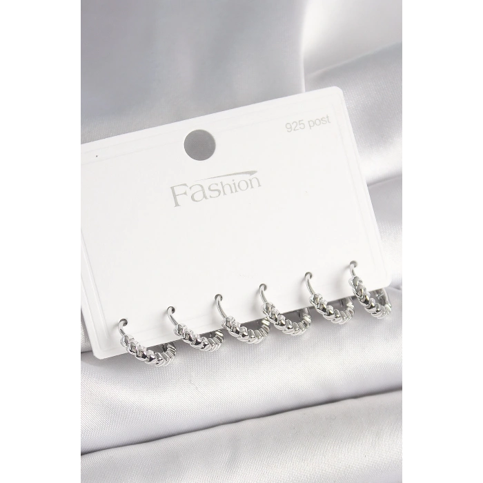 925 Ayar Gümüş Çivi Pirinç Gümüş Renk Kalp İşlemeli Halka Model Kadın Küpe Seti - TJ-BKP10412