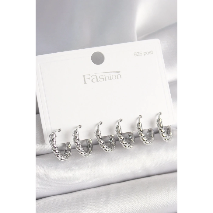 925 Ayar Gümüş Çivi Pirinç Gümüş Renk Sarmal Halka Model Kadın Küpe Seti - TJ-BKP10416