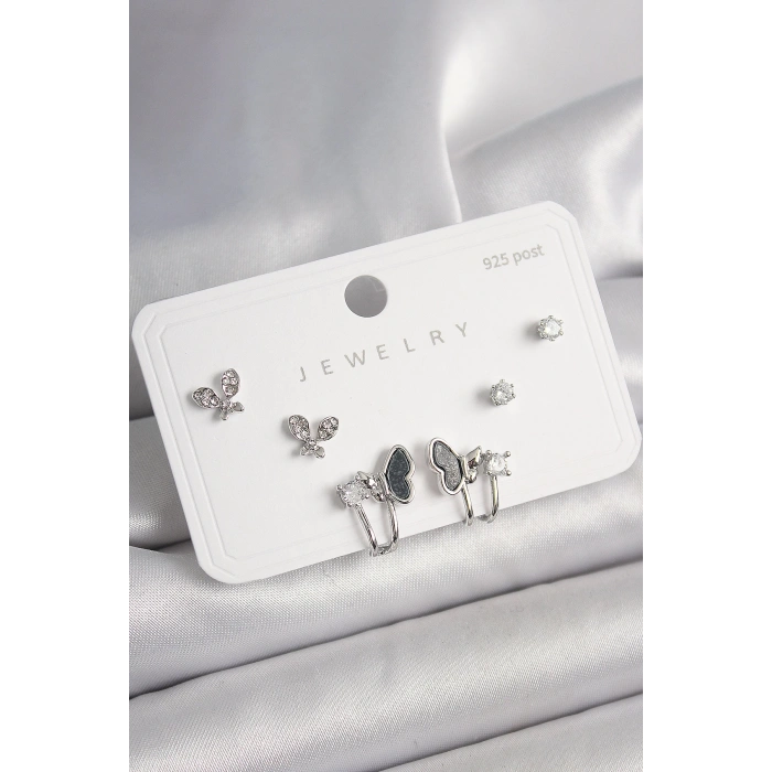 925 Ayar Gümüş Çivi Pirinç Gümüş Renk Zirkon Taşlı Kelebek Model Kadın Küpe Seti - TJ-BKP10404