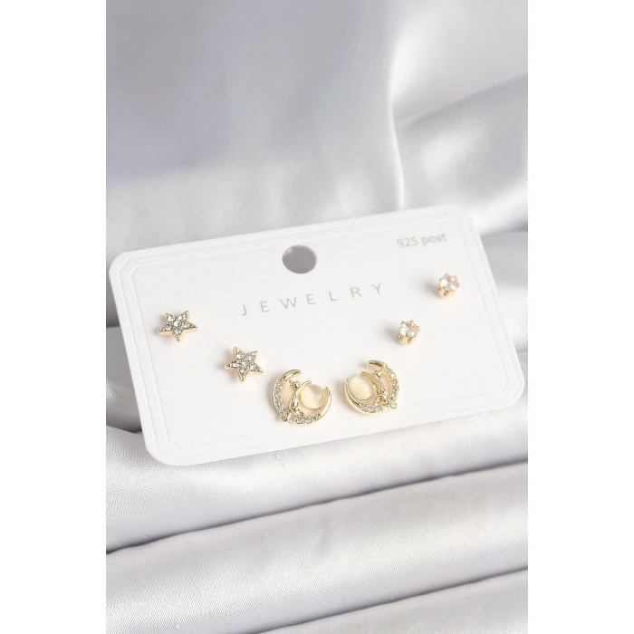 925 Ayar Gümüş Çivi Zirkon Taşlı Hilal Yıldız Model Kadın Küpe Seti - TJ-BKP10399
