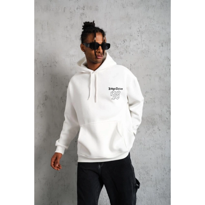 98 Baskılı Kapşonlu Sweat - Beyaz -