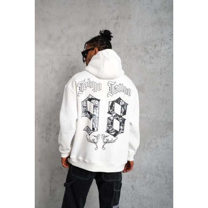 98 Baskılı Kapşonlu Sweat - Beyaz -