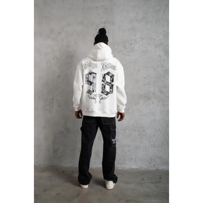 98 Baskılı Kapşonlu Sweat - Beyaz -