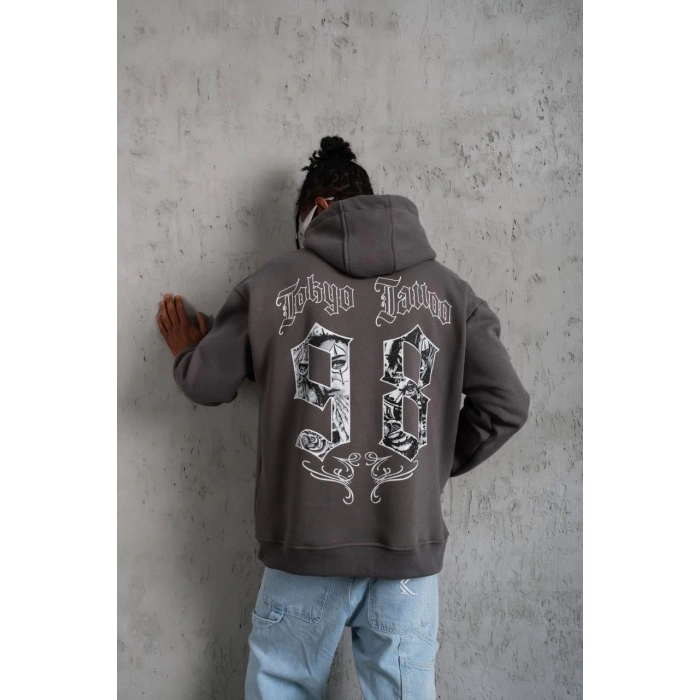 98 Baskılı Kapşonlu Sweat - Gri