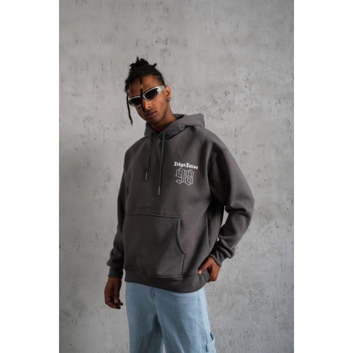 98 Baskılı Kapşonlu Sweat - Gri