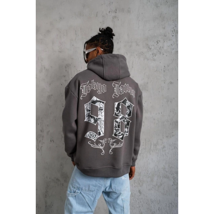 98 Baskılı Kapşonlu Sweat - Gri