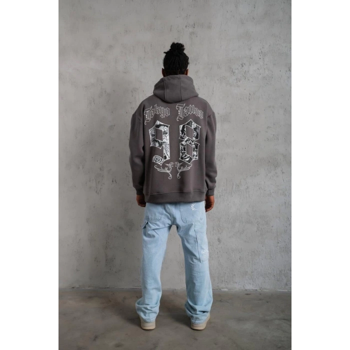 98 Baskılı Kapşonlu Sweat - Gri