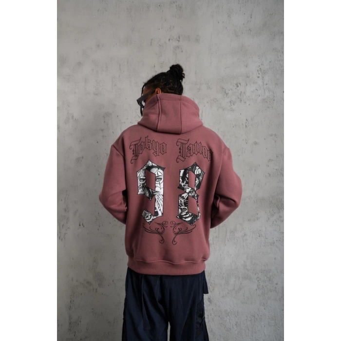 98 Baskılı Kapşonlu Sweat - Gül Kurusu