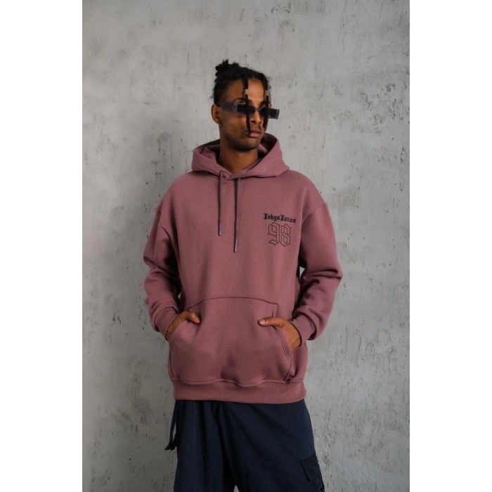 98 Baskılı Kapşonlu Sweat - Gül Kurusu