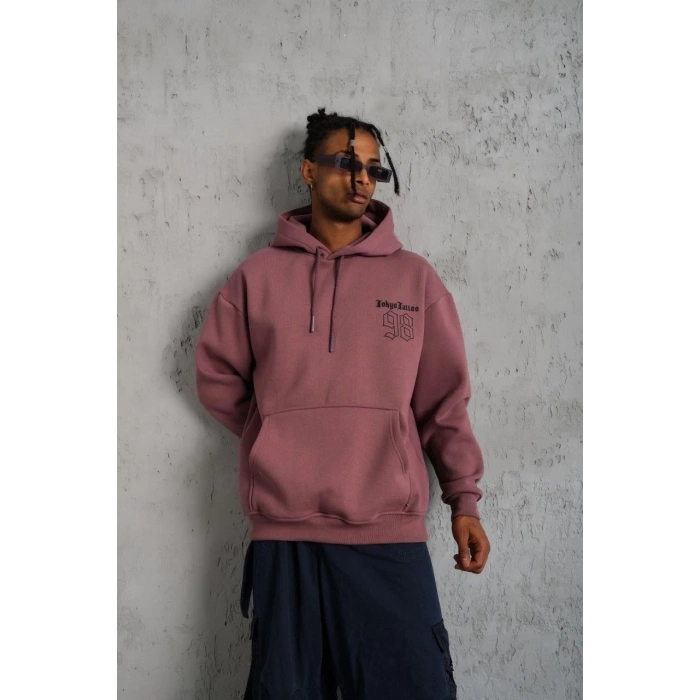 98 Baskılı Kapşonlu Sweat - Gül Kurusu