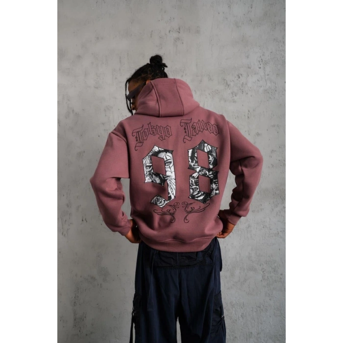 98 Baskılı Kapşonlu Sweat - Gül Kurusu