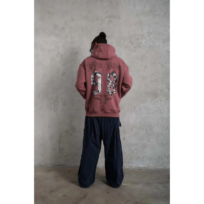 98 Baskılı Kapşonlu Sweat - Gül Kurusu
