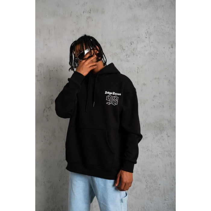 98 Baskılı Kapşonlu Sweat - Siyah -