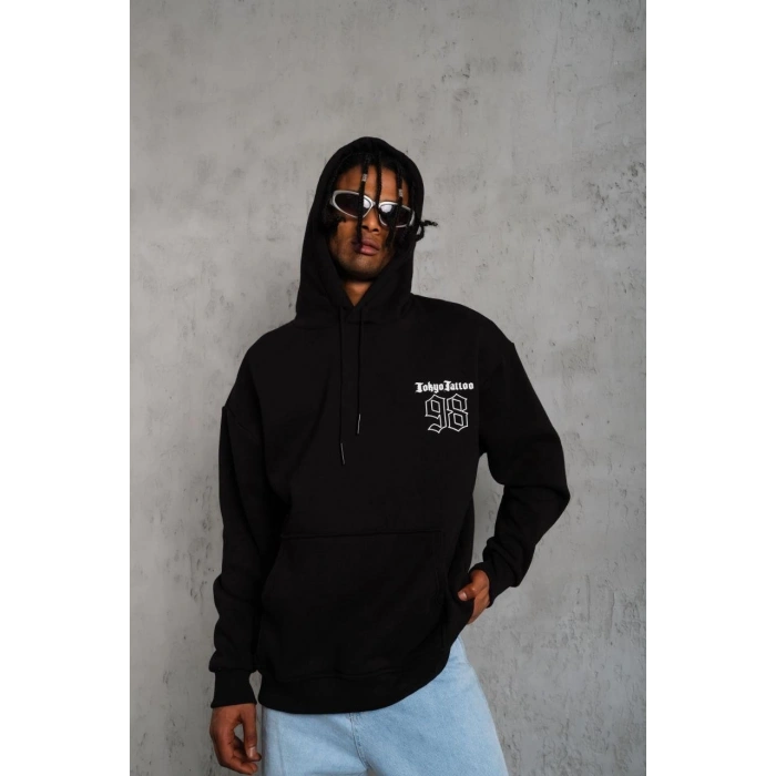98 Baskılı Kapşonlu Sweat - Siyah -