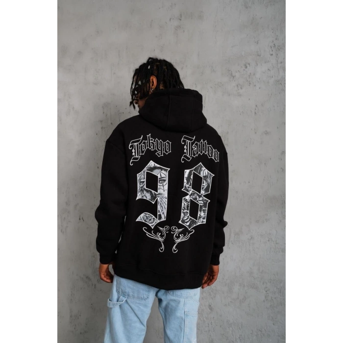 98 Baskılı Kapşonlu Sweat - Siyah -