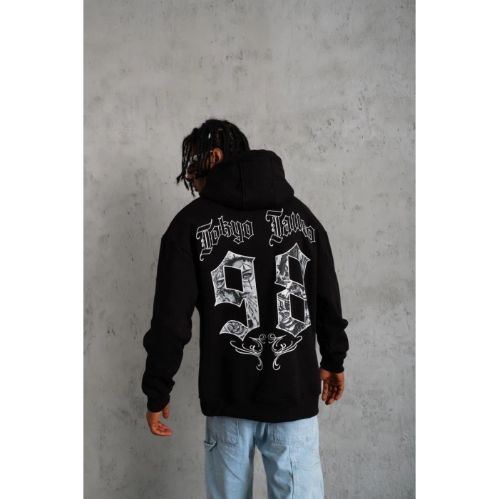 98 Baskılı Kapşonlu Sweat - Siyah -