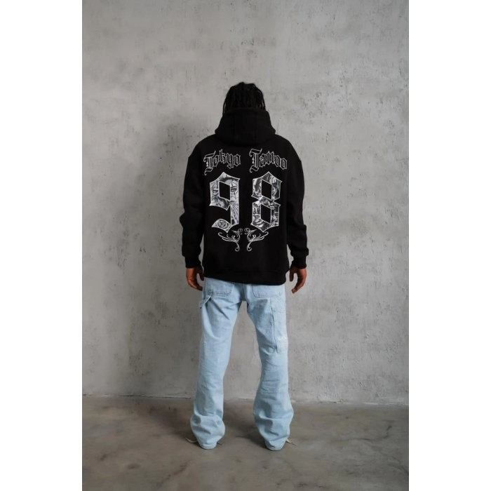 98 Baskılı Kapşonlu Sweat - Siyah -