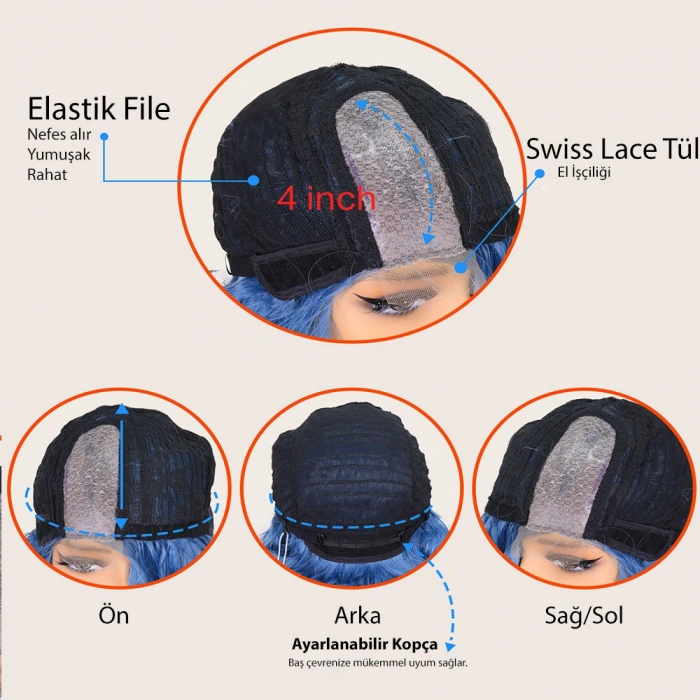 Açık Parlement Mavisi Yan Tül Peruk