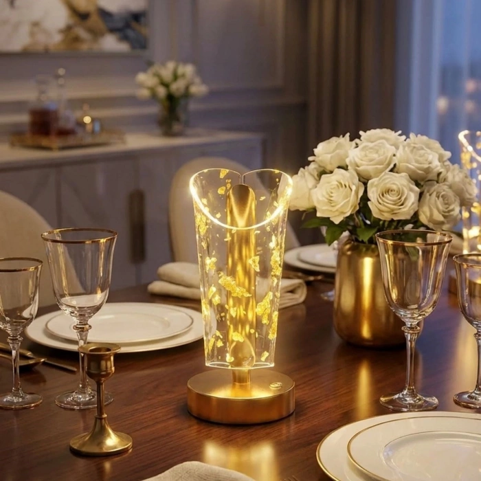 Açık Silindirik Kristal Altın Toz Model LED Masa Lambası – Gold Tabanlı, Dokunmatik, 3 Renk Işık Modlu, Şarjlı Modern Dekoratif Gece Lambası (4887)