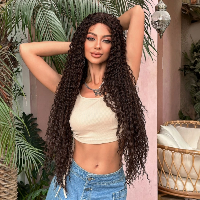 Afro Dalga Fiber Sentetik Tül Peruk - Kahverengi