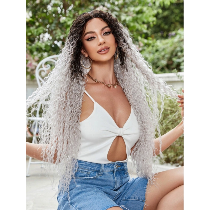 Afro Dalga Fiber Sentetik Tül Peruk - Siyah / Gri Ombreli