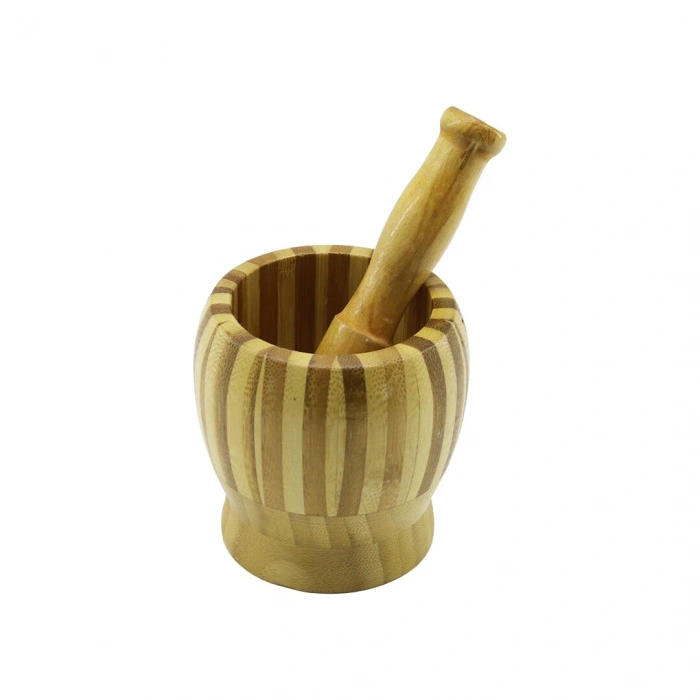 AHŞAP BAMBU - ÇİZGİLİ HAVAN SARIMSAK DÖVECEK Ç: 9.5CM--D: 6.6CM--Y:10.5CM FİLELİ AMBALAJ (4887)