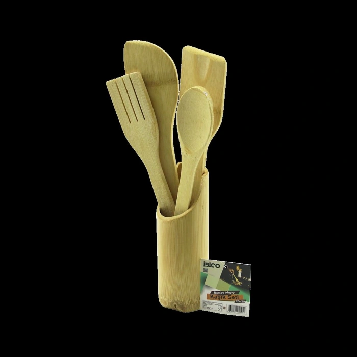 Ahşap Bambu Mutfak Servis Seti 5 Parça (Kaşık, Çatal, 2 Spatula, Stand) 27.5/30 cm