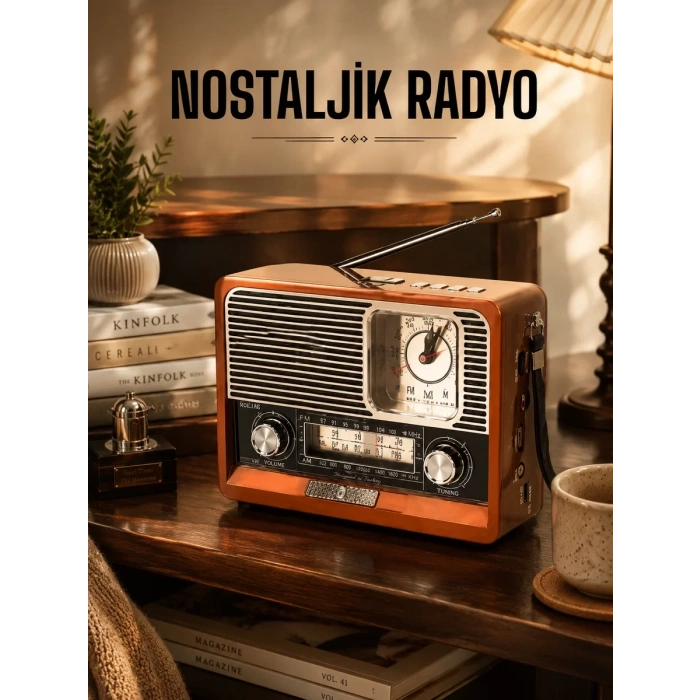 Ahşap Görünümlü Retro Bluetooth Radyo Usbaux Ve Sd Kart Girişli
