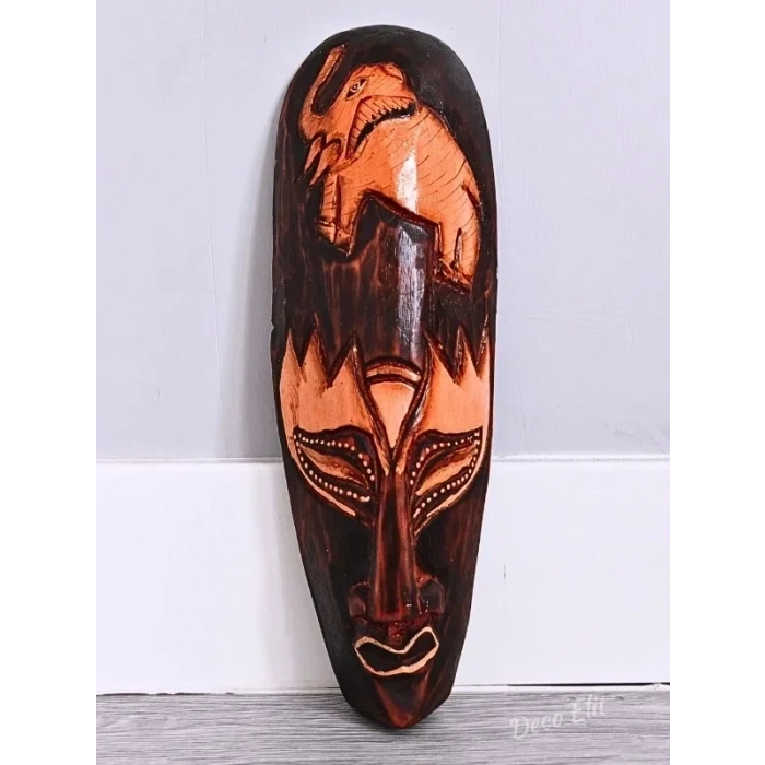 Ahşap Oyma Fil Surat Mask Totem Aborjin Tipi Duvar Objesi Mindi Ağacı El Oyması 30 cm