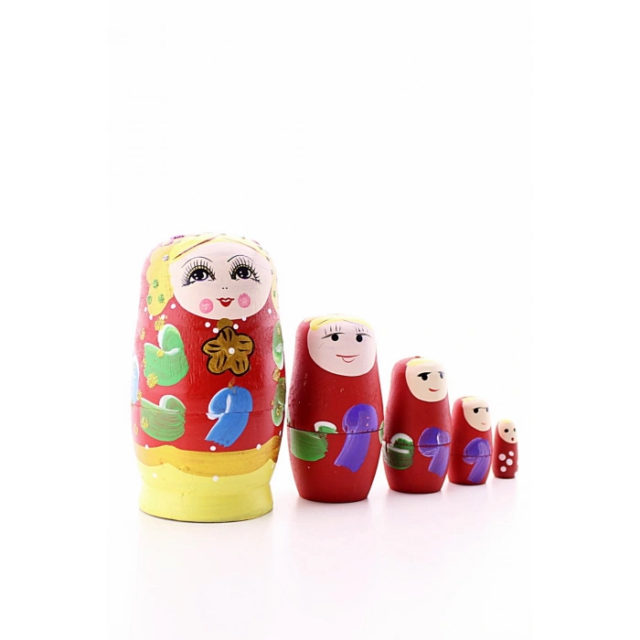 Ahşap Tombul İç İçe Matruşka Bebek Kırmızı Set 5li Büyük Boy