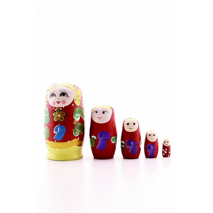 Ahşap Tombul İç İçe Matruşka Bebek Kırmızı Set 5li Büyük Boy