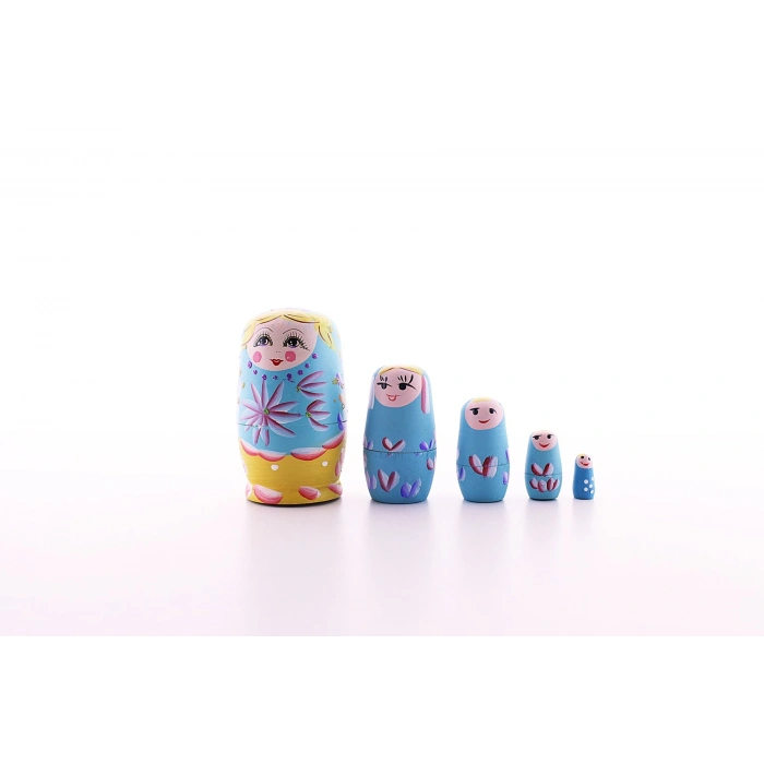 Ahşap Tombul İç İçe Matruşka Bebek Mavi 1 Set 5li Büyük Boy