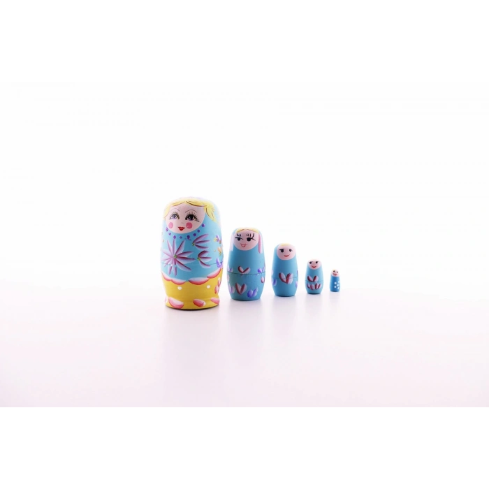 Ahşap Tombul İç İçe Matruşka Bebek Mavi 1 Set 5li Büyük Boy