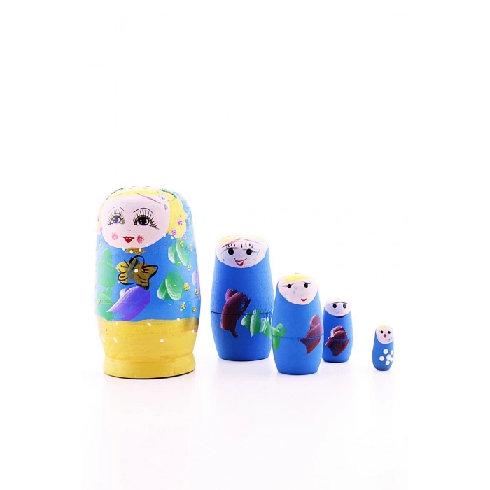 Ahşap Tombul İç İçe Matruşka Bebek Mavi Set 5li Büyük Boy