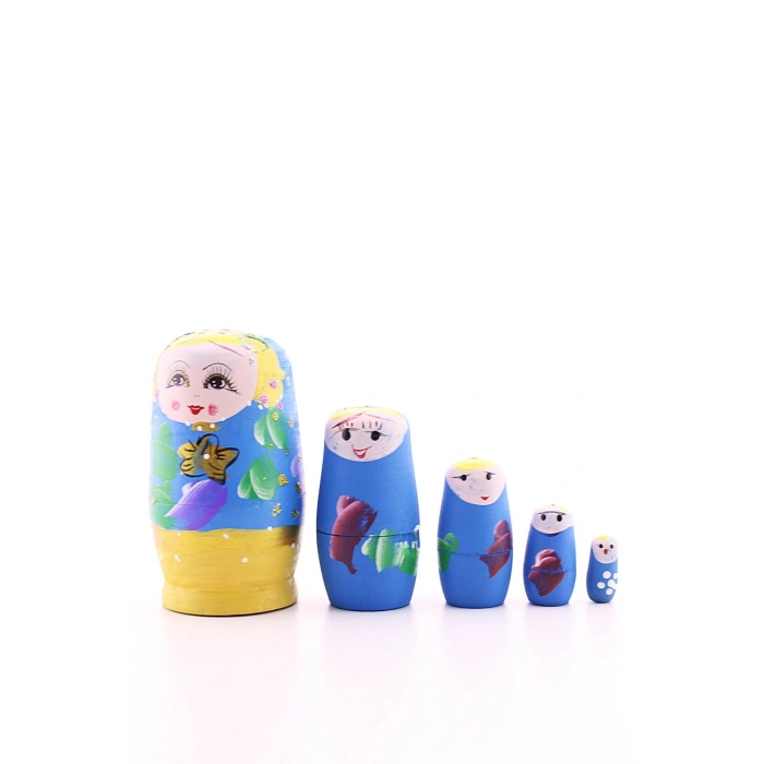 Ahşap Tombul İç İçe Matruşka Bebek Mavi Set 5li Büyük Boy