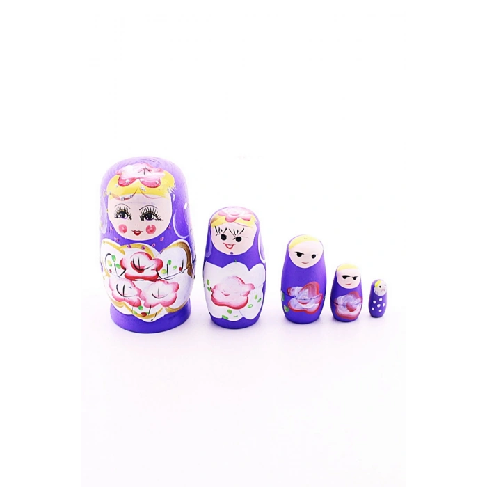 Ahşap Tombul İç İçe Matruşka Bebek Mor Set 5li Büyük Boy