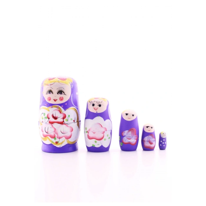 Ahşap Tombul İç İçe Matruşka Bebek Mor Set 5li Büyük Boy