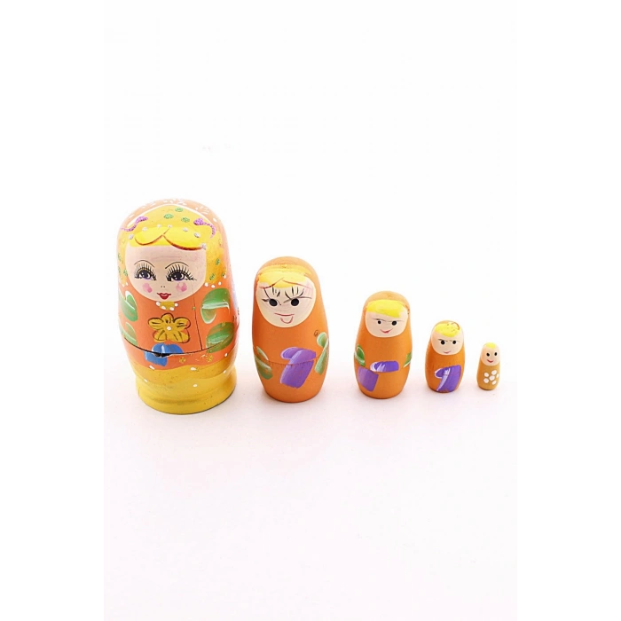 Ahşap Tombul İç İçe Matruşka Bebek Turuncu Set 5li Büyük Boy