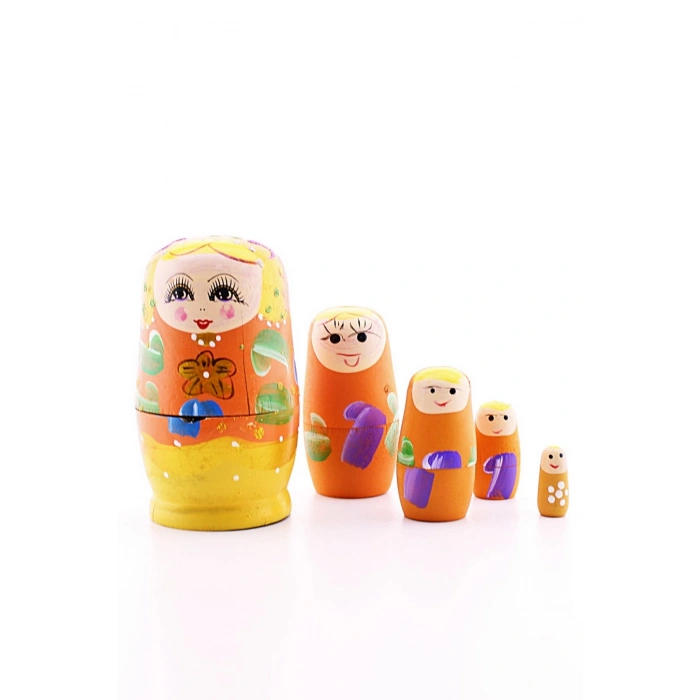 Ahşap Tombul İç İçe Matruşka Bebek Turuncu Set 5li Büyük Boy