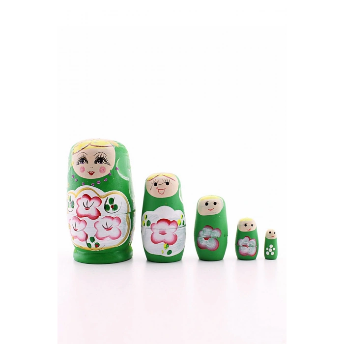 Ahşap Tombul İç İçe Matruşka Bebek Yeşil Set 5li Büyük Boy