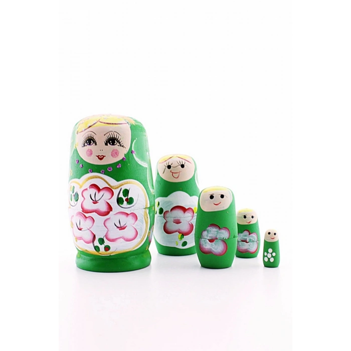 Ahşap Tombul İç İçe Matruşka Bebek Yeşil Set 5li Büyük Boy