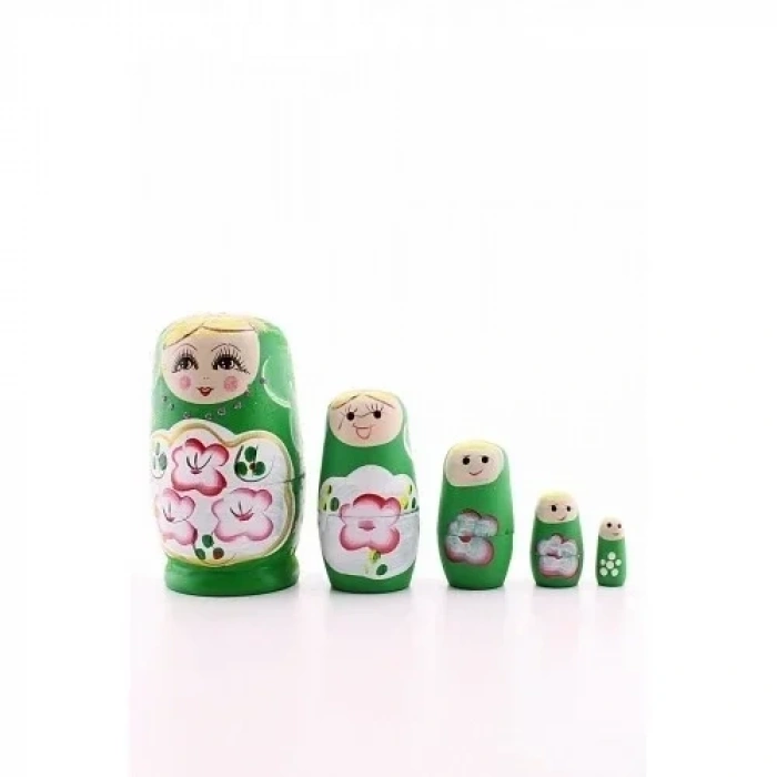 Ahşap Tombul İç İçe Matruşka Bebek Yeşil Set 5li Büyük Boy