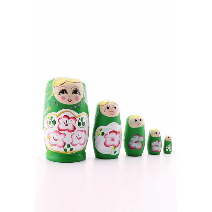 Ahşap Tombul İç İçe Matruşka Bebek Yeşil Set 5li Büyük Boy