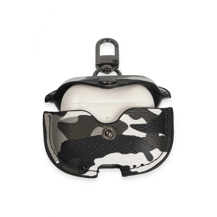 Airpods Pro 2 (2.nesil) Çanta Kamuflaj Deri Kılıf - Gri