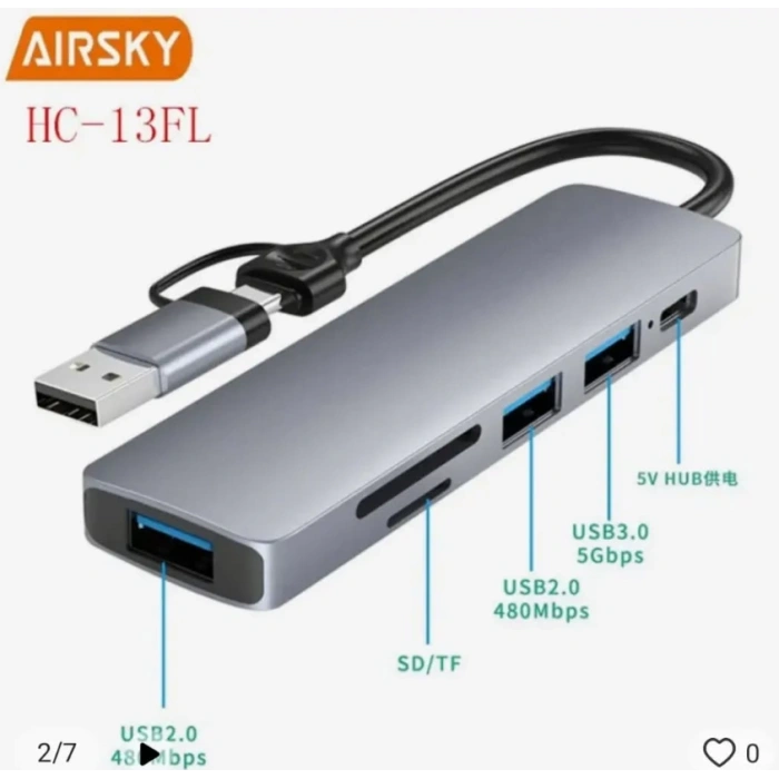 Airsky Hc13Fl 5 İn 1 Usb Type-C 2 İn 1 Çevirici