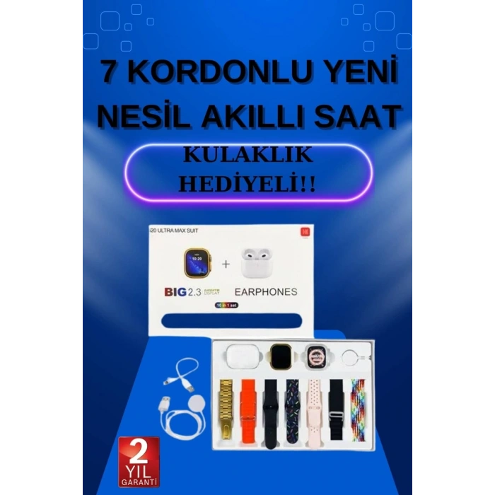 Akıllı Saat 7 Kordonlu Kulaklık Hediyeli Nabız Ölçer Uyku Takibi Sesli Görüşme